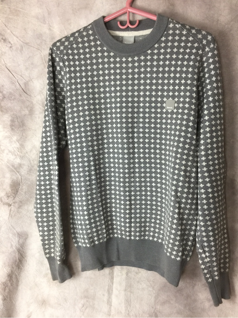 Bench Gray Crewneck Sweater with White Cross Pattern